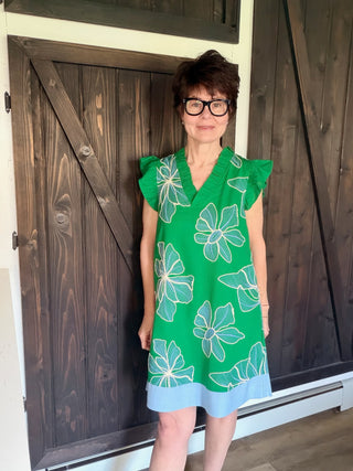 Luisa Ruffled V-Neck Floral Embroidered Shift Dress-Dresses & RompersLuisa Ruffled V-Neck Floral Embroidered Shift Dress | VerClare Boutique | Jenison MI-Beautiful embroidered floral print featuring a ruffled v-neck, flutter sleeves, large embroidered flowers and a solid contrast banded hem. It is designed with a straight, relaxed silhouette. Free US shipping from VerClare Boutique on eligible orders.-VerClare Boutique