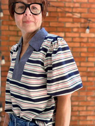 Cressida Collared V-Neck Striped Top - Navy-Tops CasualVOY Cressida Collared V-Neck Striped Top - Navy | VerClare Boutique-Shop the VOY Cressida Collared V-Neck Striped Top in Navy. Ribbed knit stripe, collared V-neck, bubble sleeves, contrast placket detail. Sizes S–L.-VerClare Boutique