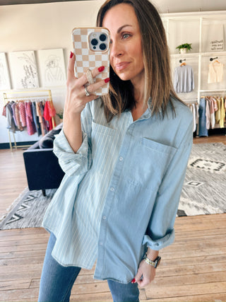 Ileana Striped Button Down Shirt - Denim-Tops Basic SolidBelle Stripe Soft Brushed Top – Denim Blue Combo | VerClare Boutique | Chenoa, IL-Striped Button Down Shirt is a beautiful soft cotton woven button-down shirt featuring contrast stripe detailing, a classic collared neckline, and a relaxed everyday silhouette. Free US shipping from VerClare Boutique.-VerClare Boutique