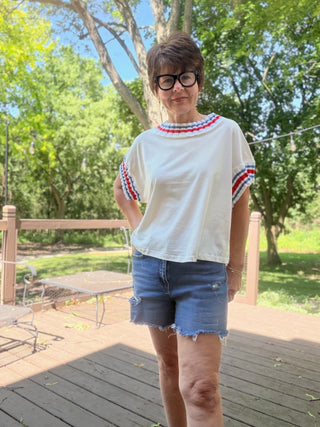 Cabana Stripe Tee-TopsLovLov Cabana Stripe Tee – Oversized White Cotton | VerClare Boutique-Shop the LovLov Cabana Stripe Tee — oversized 100% cotton white tee with contrast stripe trim at the neck and sleeves. Sizes S–XL. Free US shipping on eligible orders.-VerClare Boutique