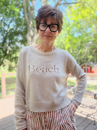 Beach Embroidered Sweater - Natural Heather-SweatersZ Supply Beach Embroidered Sweater - Natural Heather | VerClare Boutique-Shop the Z Supply Beach Embroidered Sweater in Natural Heather. Cutwork embroidered graphic, 100% cotton, relaxed crew neck. Sizes XS–L. -VerClare Boutique