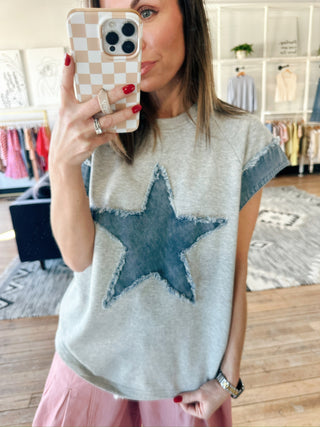 Sasha - Star Heather Grey-Tops Basic PrintSasha - Star Heather Grey | VerClare Boutique | Jenison MI -Beautiful soft French terry knit short-sleeve top featuring denim combo accents, frayed edge detailing, and a festive patriotic-inspired design. Free US shipping from VerClare Boutique.-VerClare Boutique