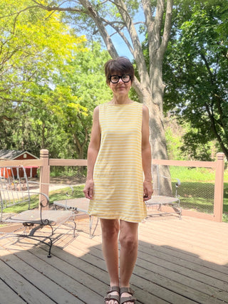 Maxine Yellow Striped Sleeveless Dress-Dresses & RompersBy Together Maxine Striped Sleeveless Dress | VerClare Boutique-Shop the By Together Maxine Striped Sleeveless Dress. Lightweight polyester/spandex blend, relaxed shift silhouette, functional pockets. Sizes S–L.-VerClare Boutique
