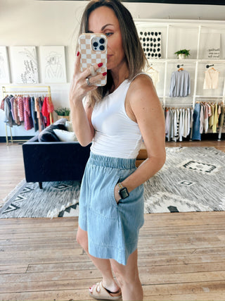 Gala Denim Short Pants - Lt Denim-BottomsGala Denim Short Pants - Lt Denim | VerClare Boutique | Jenison MI -Denim Short Pants are a beautiful soft denim woven high-rise short featuring a comfortable elastic waistband, functional side pockets, and an easy everyday silhouette. Free US shipping from VerClare Boutique.-VerClare Boutique