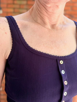 Sariah Pointelle Button Knit Cami - Navy-Tops Basic SolidRaisonnel Sariah Pointelle Button Knit Cami - Navy | VerClare Boutique-Shop the Raisonnel Sariah Pointelle Button Knit Cami in Navy. Soft rib knit, button-front, fitted silhouette, high stretch, lightweight layering essential. Sizes S–L.-VerClare Boutique