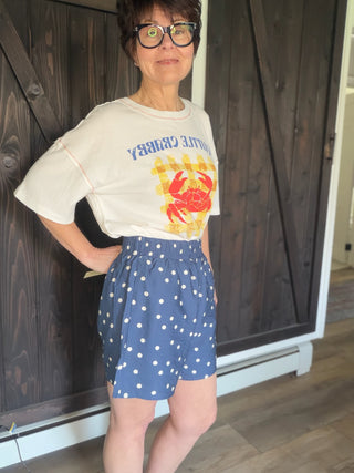 Lucille Woven Polka Dot Print Shorts - Dusty Blue-BottomsLucille Woven Polka dot Print Shorts - Dusty Blue | VerClare Boutique | Jenison MI -Woven Polka dot Print Shorts are a lightweight woven polka-dot short featuring elastic waist and side pockets. Free US shipping from VerClare Boutique.-VerClare Boutique