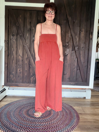 Quincy Spaghetti Strap Jumpsuit - Clay-Dresses & RompersQuincy Spaghetti Strap Jumpsuit - Clay | VerClare Boutique | Jenison MI -Shop the EE:SOME Quincy Jumpsuit in Clay — a breezy 100% cotton wide-leg style with spaghetti straps. True to size, perfect for vacation or everyday wear.-VerClare Boutique