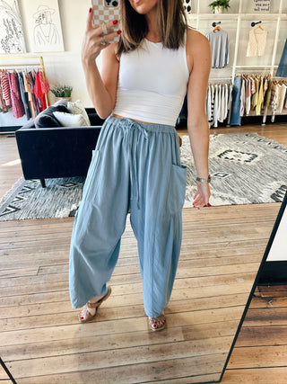 Zena Wide Leg Pants - Spring Blue-BottomsZena Wide Leg Pants - Spring Blue | VerClare Boutique | Jenison MI -Wide Leg Pants are a beautiful soft viscose-linen blend wide-leg pant featuring a billowy harem-inspired silhouette, an elastic waistband with drawstring, and easy dropped side pockets. Free US shipping from VerClare Boutique.-VerClare Boutique