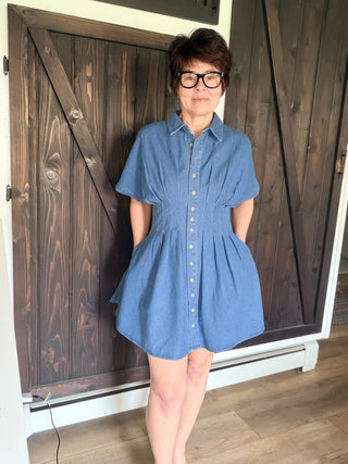 EE:SOME Galilea Pleated Denim Mini Dress - Denim | VerClare Boutique Small EE:SOME Galilea Pleated Denim Mini Dress - Denim | VerClare Boutique Small