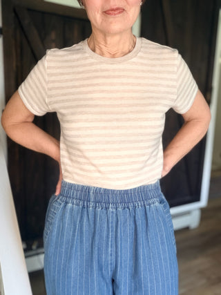 Danae Pinstripe Wide Leg Pants - Lt Denim-BottomsDanae Pinstripe Wide Leg Pants - Lt Denim | VerClare Boutique | Jenison MI -Pinstripe Wide Leg Pants are a beautiful lightweight cotton woven wide-leg pant featuring vertical pinstripe detailing, a comfortable elastic waistband, and a trendy raw frayed hem. Free US shipping from VerClare Boutique.-VerClare Boutique