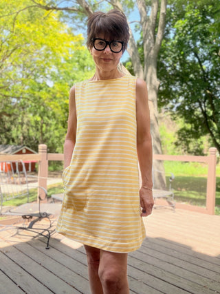 Maxine Yellow Striped Sleeveless Dress-Dresses & RompersBy Together Maxine Striped Sleeveless Dress | VerClare Boutique-Shop the By Together Maxine Striped Sleeveless Dress. Lightweight polyester/spandex blend, relaxed shift silhouette, functional pockets. Sizes S–L.-VerClare Boutique