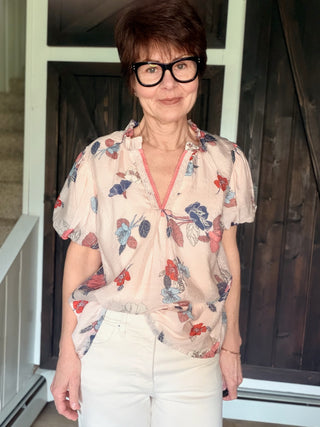 Elia Floral Puff Sleeve Blouse - Lt. Pink-Tops CasualElia Floral Puff Sleeve Blouse - Lt. Pink | VerClare Boutique | Jenison MI -Beautiful lightweight woven floral blouse featuring short puff sleeves, a V-notch neckline with lace contrast trim, and a soft feminine silhouette. Free US shipping from VerClare Boutique.-VerClare Boutique