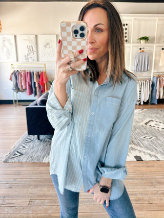 Ileana Striped Button Down Shirt - Denim-Tops Basic SolidBelle Stripe Soft Brushed Top – Denim Blue Combo | VerClare Boutique | Chenoa, IL-Striped Button Down Shirt is a beautiful soft cotton woven button-down shirt featuring contrast stripe detailing, a classic collared neckline, and a relaxed everyday silhouette. Free US shipping from VerClare Boutique.-VerClare Boutique