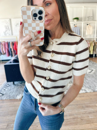 Milena Striped Button Knit Cardigan - Mocha-SweatersMilena striped Button Knit Cardigan - Mocha | VerClare Boutique | Jenison MI -Striped Button Knit Cardigan is a beautiful soft knit striped cardigan featuring classic stripe detailing, a button-front closure, and an easy, timeless silhouette. Free US shipping from VerClare Boutique.-VerClare Boutique