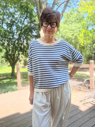Amara Stripe Trim Sweater - Blue-SweatersThe Workshop Amara Stripe Trim Sweater - Blue | VerClare Boutique-Shop The Workshop Amara Stripe Trim Sweater in Blue. Soft cotton-blend knit, contrast stripe trim, round neckline, short sleeve, easy everyday fit. Sizes S–L.-VerClare Boutique