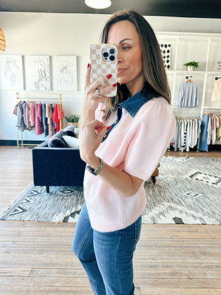 Rosell Park Avenue Polo Sweater - Pink-SweatersRosell Park Avenue Polo Sweater - Pink | VerClare Boutique | Jenison MI -Park Avenue Polo Sweater is a beautiful soft sweater knit polo-style top featuring a contrast denim collar, a classic polo neckline, and an effortlessly polished silhouette. Free US shipping from VerClare Boutique.-VerClare Boutique