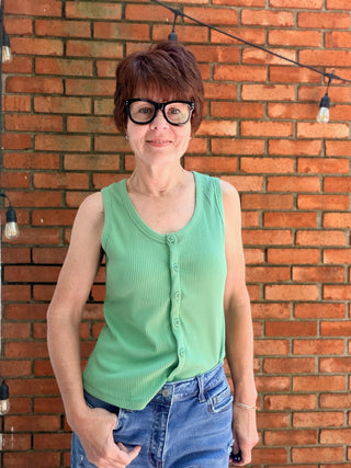 Siena Button-up Tank - 2 Colors-Tops CasualSiena Button-Up Tank | Wishlist – VerClare Boutique-Shop the Wishlist Siena Button-Up Tank. Ribbed knit, button-front, sleeveless, fitted silhouette. M.Blue & Pistachio, sizes S–L at VerClare Boutique.-VerClare Boutique