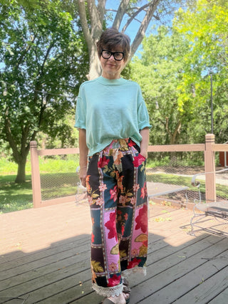 Celia Abstract Patchwork Print Pants - Pink Mix-BottomsUmgee Celia Abstract Patchwork Print Pants - Pink Mix | VerClare Boutique-Shop the Umgee Celia Abstract Patchwork Print Pants in Pink Mix. Lightweight rayon woven, floral patchwork, elastic waist, lace trim, relaxed fit. Sizes S–L.-VerClare Boutique