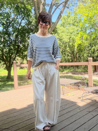 Amara Stripe Trim Sweater - Blue-SweatersThe Workshop Amara Stripe Trim Sweater - Blue | VerClare Boutique-Shop The Workshop Amara Stripe Trim Sweater in Blue. Soft cotton-blend knit, contrast stripe trim, round neckline, short sleeve, easy everyday fit. Sizes S–L.-VerClare Boutique