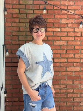 Sasha - Star Heather Grey-Tops Basic PrintBibi Sasha Star Short Sleeve Top - Heather Grey | VerClare Boutique-Shop the Bibi Sasha Star Top in Heather Grey. 100% cotton French terry, denim accents, frayed edges, festive patriotic design, relaxed fit. Sizes S–XL.-VerClare Boutique