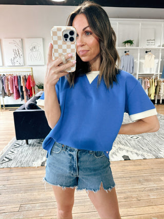 Rylan Short Sleeve Knit Top - Cobalt Blue-Tops Basic SolidRylan Knit Top - Cobalt Blue | VerClare Boutique | Jenison MI-Soft stretch knit short-sleeve top featuring contrast band detailing, a classic crew neckline, and an easy, flattering silhouette. Free US shipping from VerClare Boutique.-VerClare Boutique