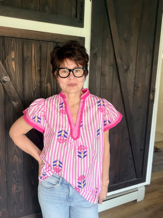 Lina Embroidered Striped Top - Pink-Tops CasualLina Embroidered Stripe Top - Pink | VerClare Boutique | Jenison MI -Embroidered Striped Top is a beautiful soft cotton woven flutter sleeve top featuring floral embroidery detailing, a split V-neckline, and contrast color block accents. Free US shipping from VerClare Boutique.-VerClare Boutique
