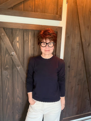 Ophelia Navy Cotton Sweater-SweatersOphelia Navy Cotton Sweater | VerClare Boutique | Jenison MI -Cotton Sweater is a beautiful soft long sleeve 100% cotton featuring white contrast switching around neck, wrist and waist and ruffle shoulder detail. Free US shipping from VerClare Boutique.-VerClare Boutique