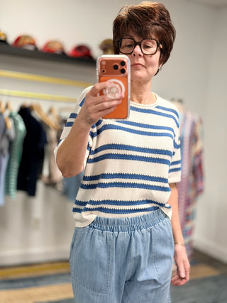 Prado Stripe Sweater Tee - Lake Blue-CASZ Supply - Prado Stripe Sweater Tee | VerClare Boutique | Jenison MI -Z Supply Prado Stripe Sweater Tee is a beautiful textured sweater knit short-sleeve top featuring sunshine-ready stripe detailing, a classic crew neckline, and a relaxed boxy silhouette. Free US shipping on eligible orders. Chenoa, Illinois-VerClare Boutique