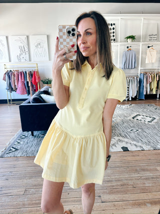 Cassie Pique Poly Shirt Dress - Yellow Cream-Dresses & RompersCassie Pique Poly Shirt Dress | VerClare Boutique | Jenison MI -Pique Poly Shirt Dress is a cotton/polyester polo-type shirt with a nylon skirt. Free US shipping from VerClare Boutique.-VerClare Boutique