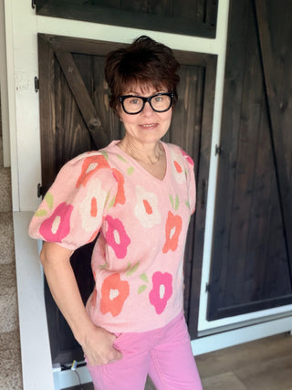 Zelie Floral Puff Sleeve Sweater - Blush-SweatersBelle Stripe Soft Brushed Top – Denim Blue Combo | VerClare Boutique | Chenoa, IL-Floral Puff Sleeve Sweater is a beautiful soft sweater knit V-neck sweater featuring a delicate floral pattern, feminine puff sleeves, and a flattering V-neckline. Free US shipping from VerClare Boutique.-VerClare Boutique