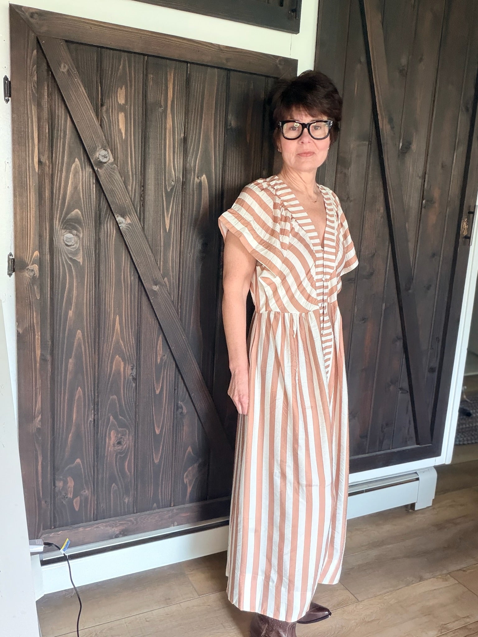 Umgee Eira Striped Button-Front Midi Dress - Latte