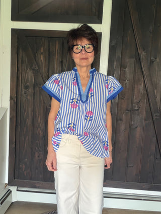 Lina Embroidered Striped Top - Blue