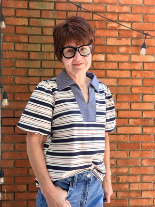 Cressida Collared V-Neck Striped Top - Navy-Tops CasualVOY Cressida Collared V-Neck Striped Top - Navy | VerClare Boutique-Shop the VOY Cressida Collared V-Neck Striped Top in Navy. Ribbed knit stripe, collared V-neck, bubble sleeves, contrast placket detail. Sizes S–L.-VerClare Boutique