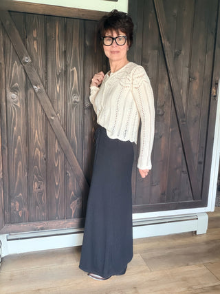 Idris Maxi Skirt - Black-BottomsIdris Maxi Skirt - Black | VerClare Boutique | Jenison MI -The Z Supply Idris Maxi Skirt is a beautiful soft knit maxi skirt featuring a flattering high-rise fit, an easy pull-on waistband, and a sleek, flowy silhouette. Free US shipping on eligible orders. -VerClare Boutique