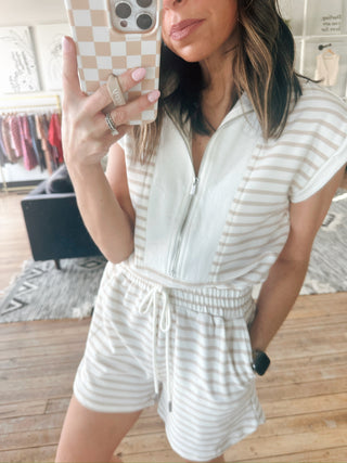 Danica Striped Zip Front Romper - Light Khaki-Dresses & RompersDanica Striped Zip Front Romper, light khaki | VerClare Boutique | Jenison, MI-Striped zip-front drawstring knit romper. Free US shipping from VerClare Boutique.-VerClare Boutique