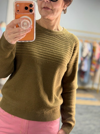 Lucy Cotton Sweater - Olive-SweatersLucy Cotton Sweater | VerClare Boutique | Jenison MI -Cotton Sweater is a beautiful long sleeve 100% cotton sweater featuring a round, scalloped collar with contrast top and bottom. Made from a 100% cotton fabric. Free US shipping from VerClare Boutique.-VerClare Boutique