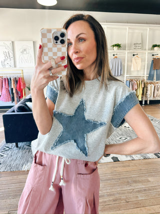 Sasha - Star Heather Grey-Tops Basic PrintSasha - Star Heather Grey | VerClare Boutique | Jenison MI -Beautiful soft French terry knit short-sleeve top featuring denim combo accents, frayed edge detailing, and a festive patriotic-inspired design. Free US shipping from VerClare Boutique.-VerClare Boutique
