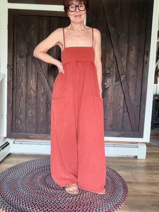 Quincy Spaghetti Strap Jumpsuit - Clay-Dresses & RompersQuincy Spaghetti Strap Jumpsuit - Clay | VerClare Boutique | Jenison MI -Shop the EE:SOME Quincy Jumpsuit in Clay — a breezy 100% cotton wide-leg style with spaghetti straps. True to size, perfect for vacation or everyday wear.-VerClare Boutique