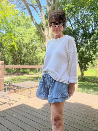 Flavia Ruffle Tiered Denim Shorts - Light Denim-BottomsEE:SOME Flavia Ruffle Tiered Denim Shorts - Light Denim | VerClare Boutique-Shop the EE:SOME Flavia Ruffle Tiered Denim Shorts in Light Denim. Cotton-blend denim, tiered ruffle design, drawstring waist, relaxed feminine fit. Sizes S–L.-VerClare Boutique