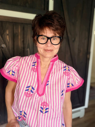 Lina Embroidered Striped Top - Pink-Tops CasualLina Embroidered Stripe Top - Pink | VerClare Boutique | Jenison MI -Embroidered Striped Top is a beautiful soft cotton woven flutter sleeve top featuring floral embroidery detailing, a split V-neckline, and contrast color block accents. Free US shipping from VerClare Boutique.-VerClare Boutique