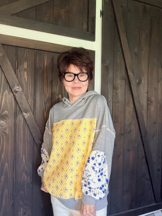 Patchwork Sweatshirt-SweatersLucy Cotton Sweater | VerClare Boutique | Jenison MI -Cotton Sweater is a beautiful long sleeve 100% cotton sweater featuring a round, scalloped collar with contrast top and bottom. Made from a 100% cotton fabric. Free US shipping from VerClare Boutique.-VerClare Boutique