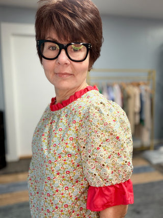 Gemma Contrast Ruffle Floral Embroidered Top