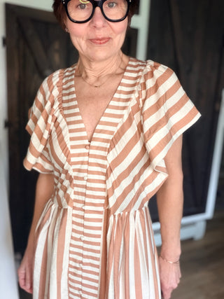 Eira Striped Button-Front Midi Dress - Latte-Dresses & RompersEira Striped Button-Front Midi Dress - Latte | VerClare Boutique | Jenison MI -Striped Button-Front Midi Dress is a beautiful lightweight woven striped midi dress featuring mixed vertical and horizontal stripe placement, a deep V-neckline, and soft flutter cap sleeves. Free US shipping from VerClare Boutique.-VerClare Boutique