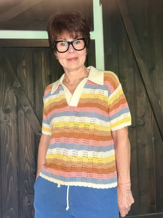 Desert Bloom Polo Sweater-TopsIn February Desert Bloom Polo Sweater – Striped | VerClare Boutique-Shop the In February Desert Bloom Polo Sweater — textured cotton, multi-colored stripes, collared neckline & scalloped hem. Matching shorts available. Sizes S–L.-VerClare Boutique