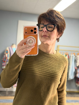 Lucy Cotton Sweater - Olive-SweatersLucy Cotton Sweater | VerClare Boutique | Jenison MI -Cotton Sweater is a beautiful long sleeve 100% cotton sweater featuring a round, scalloped collar with contrast top and bottom. Made from a 100% cotton fabric. Free US shipping from VerClare Boutique.-VerClare Boutique