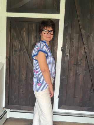 Lina Embroidered Striped Top - Blue