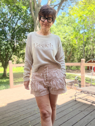 Clarissa Mineral Washed Stripe Shorts - Camel-BottomsEE:SOME Clarissa Mineral Washed Stripe Shorts - Camel | VerClare Boutique-Shop the EE:SOME Clarissa Mineral Washed Stripe Shorts in Camel. Cotton-blend, mineral washed, stripe pattern, button-front detail, relaxed fit. Sizes S–L.-VerClare Boutique