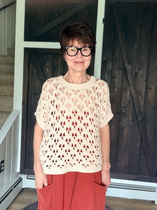 Lottie Crochet Open Knit Sweater - Oatmeal-SweatersLottie Crochet Open Knit Sweater - Oatmeal | VerClare Boutique-Shop the EE:SOME Lottie Crochet Sweater in Oatmeal — a breezy 100% cotton open knit with dolman sleeves and a relaxed boxy fit. Perfect for layering.-VerClare Boutique