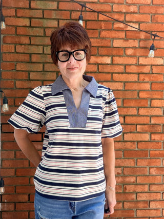 Cressida Collared V-Neck Striped Top - Navy-Tops CasualVOY Cressida Collared V-Neck Striped Top - Navy | VerClare Boutique-Shop the VOY Cressida Collared V-Neck Striped Top in Navy. Ribbed knit stripe, collared V-neck, bubble sleeves, contrast placket detail. Sizes S–L.-VerClare Boutique