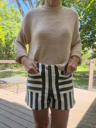 Helia Mineral Striped Shorts - Matcha Foam-BottomsEE:SOME Helia Mineral Striped Shorts - Matcha Foam | VerClare Boutique-Shop the EE:SOME Helia Mineral Striped Shorts in Matcha Foam. Mineral-washed cotton knit, stripe detail, stretch fabric, relaxed everyday silhouette. Sizes S–L.-VerClare Boutique